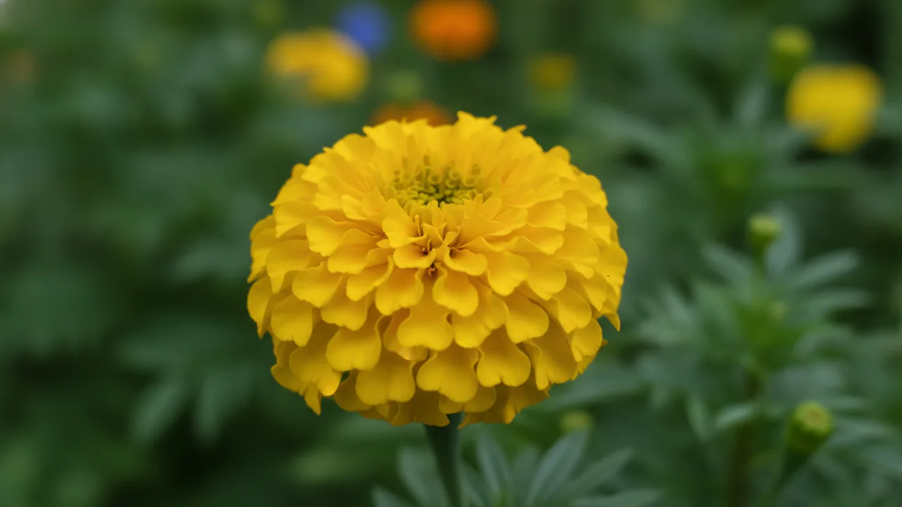 Yellow Marigold (Tagetes 'Yellow') - yellow flowers, illustrated plant card