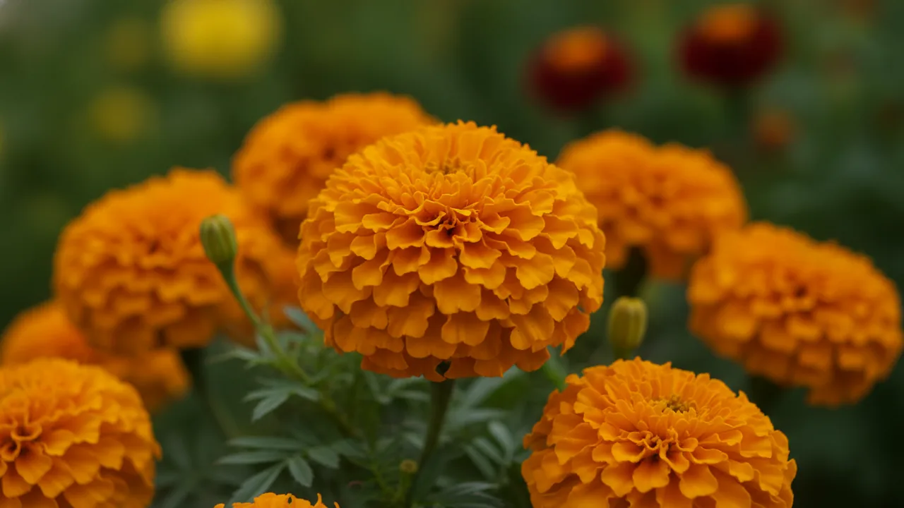 Marigold (Tagetes) - orange flowers, illustrated plant card