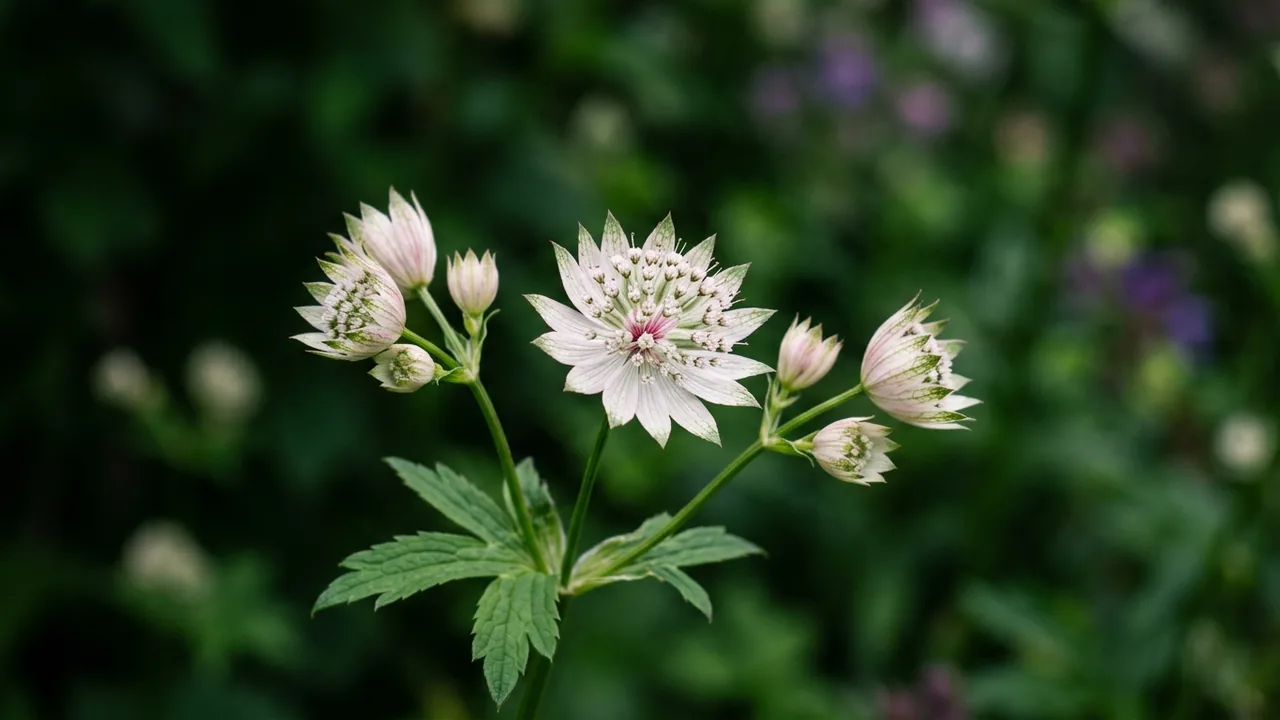 Masterwort (Astrantia major) - white flowers, illustrated plant card
