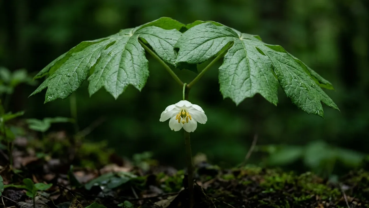 Mayapple (Podophyllum peltatum) - foliage plant, illustrated plant card