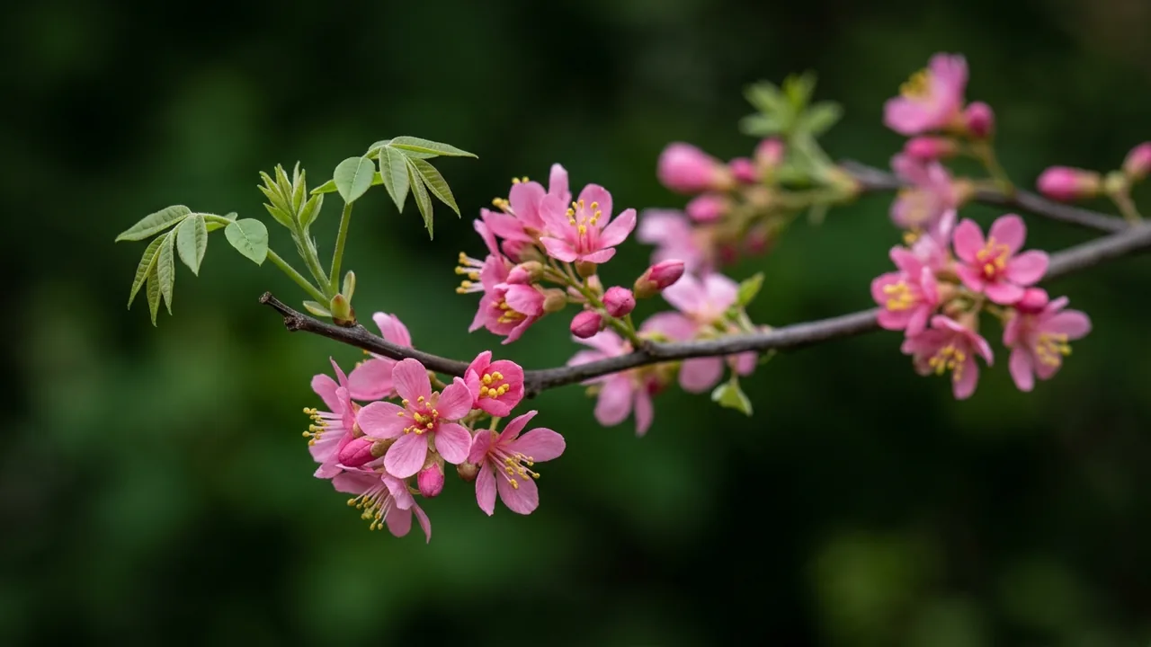 Mexican Buckeye (Ungnadia speciosa) - pink flowers, illustrated plant card