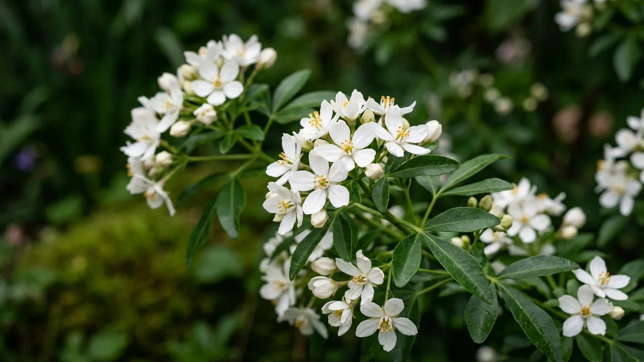 Mexican Orange Blossom (Choisya ternata) - white flowers, illustrated plant card