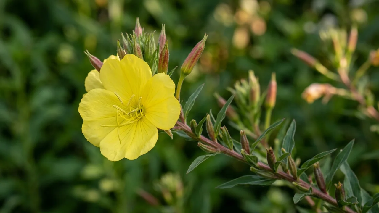 Missouri Evening Primrose (Oenothera macrocarpa) - yellow flowers, illustrated plant card
