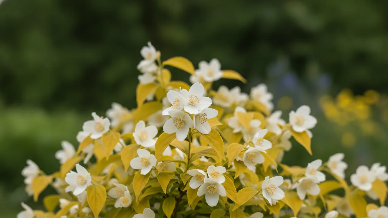 Golden Mock Orange (Philadelphus coronarius 'Aureus') - white flowers, illustrated plant card