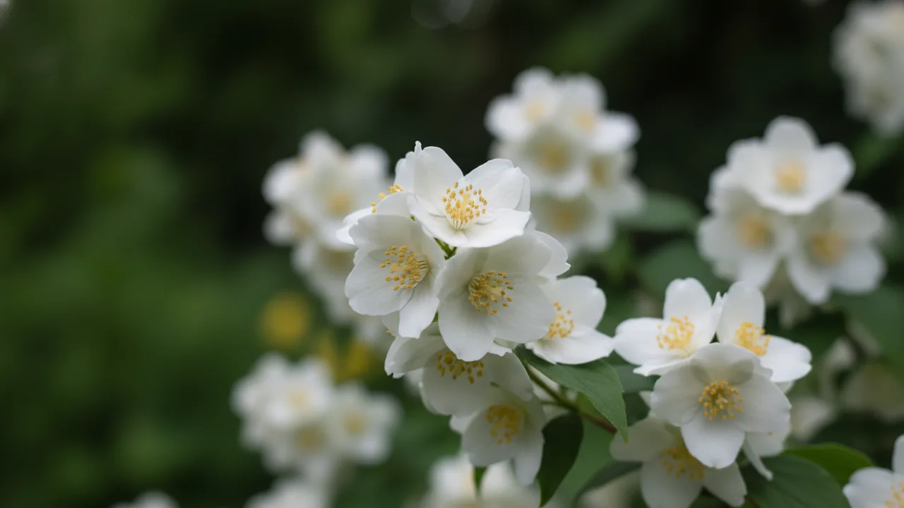 Natchez (Philadelphus × virginalis 'Natchez') - white flowers, illustrated plant card