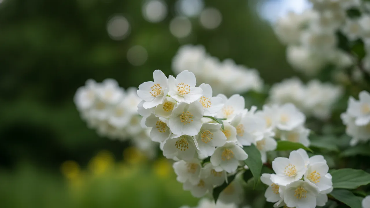 Snow White Sensation (Philadelphus 'Snow White Sensation') - white flowers, illustrated plant card