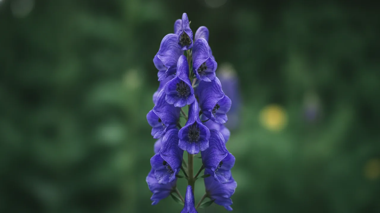Monkshood (Aconitum) - purple flowers, illustrated plant card