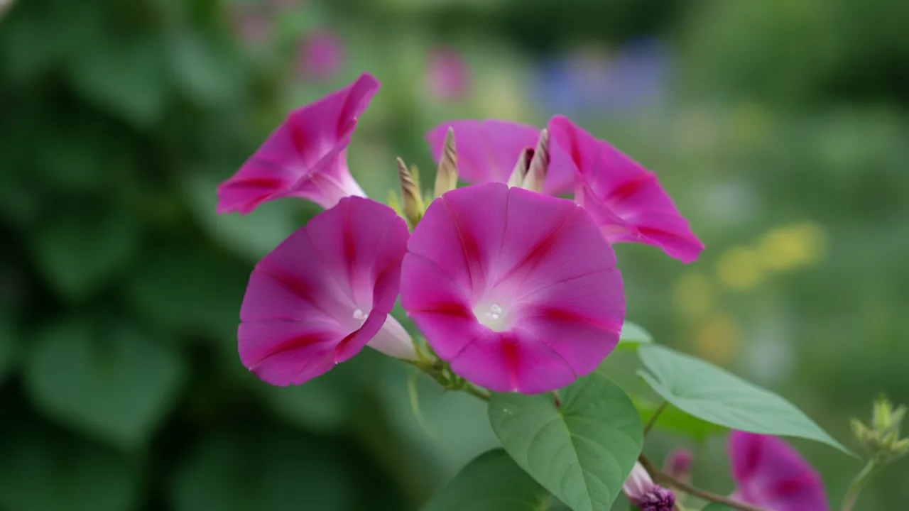 Crimson Rambler (Ipomoea purpurea 'Crimson Rambler') - red flowers, illustrated plant card