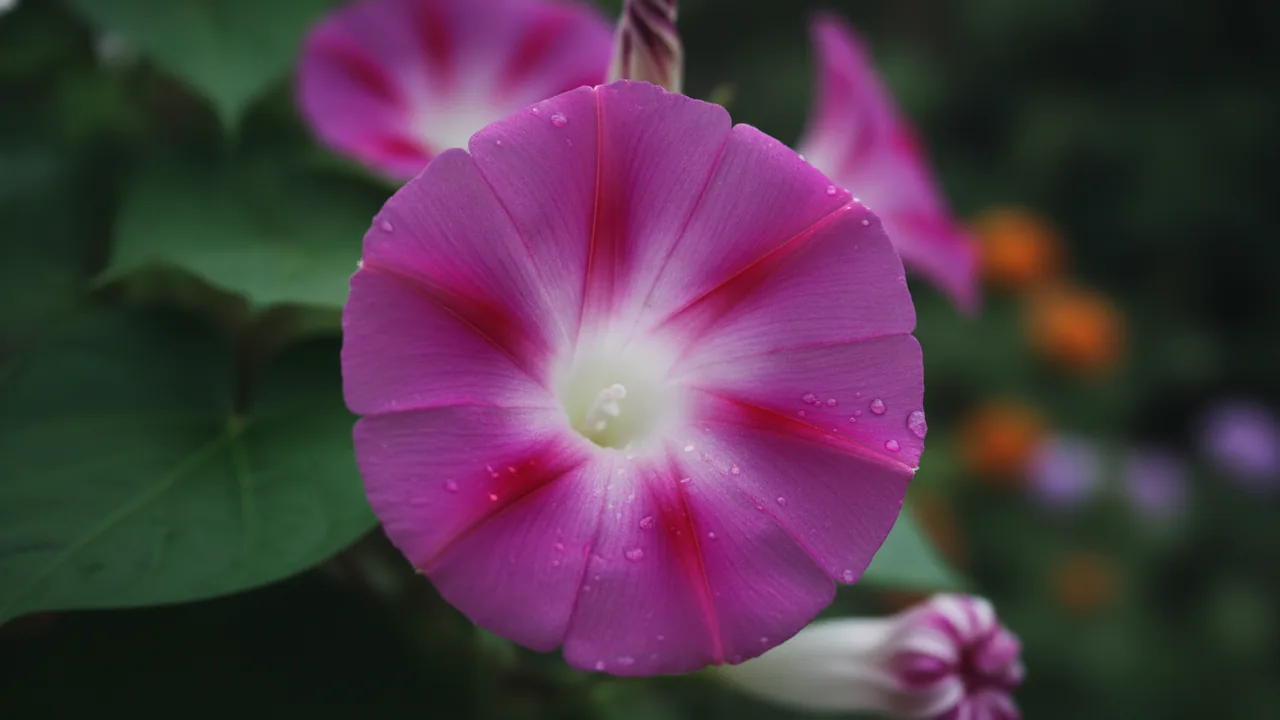 Sunrise Serenade (Ipomoea purpurea 'Sunrise Serenade') - pink flowers, illustrated plant card