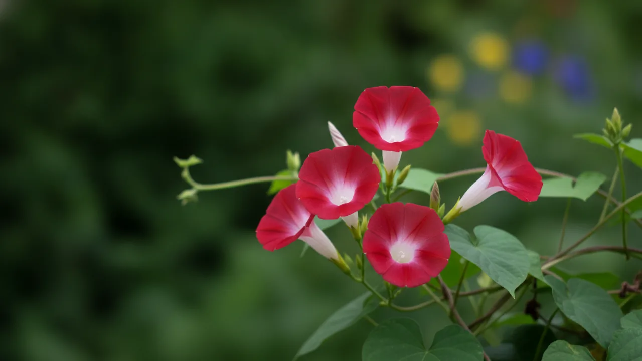 Scarlett O'Hara (Ipomoea nil) - red flowers, illustrated plant card