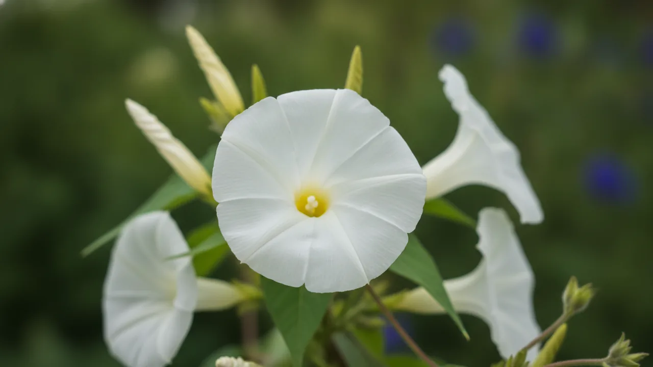 Pearly Gates (Ipomoea tricolor 'Pearly Gates') - white flowers, illustrated plant card
