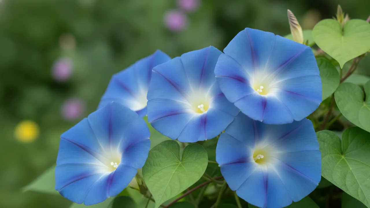 Morning Glory (Ipomoea) - blue flowers, illustrated plant card
