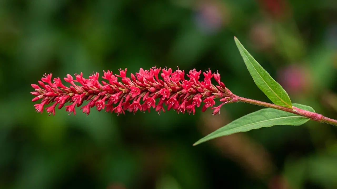 Mountain Fleece (Bistorta amplexicaulis) - red flowers, illustrated plant card