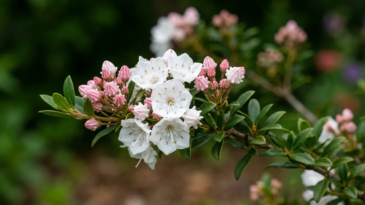 Elf Mountain Laurel (Kalmia latifolia 'Elf') - white flowers, illustrated plant card