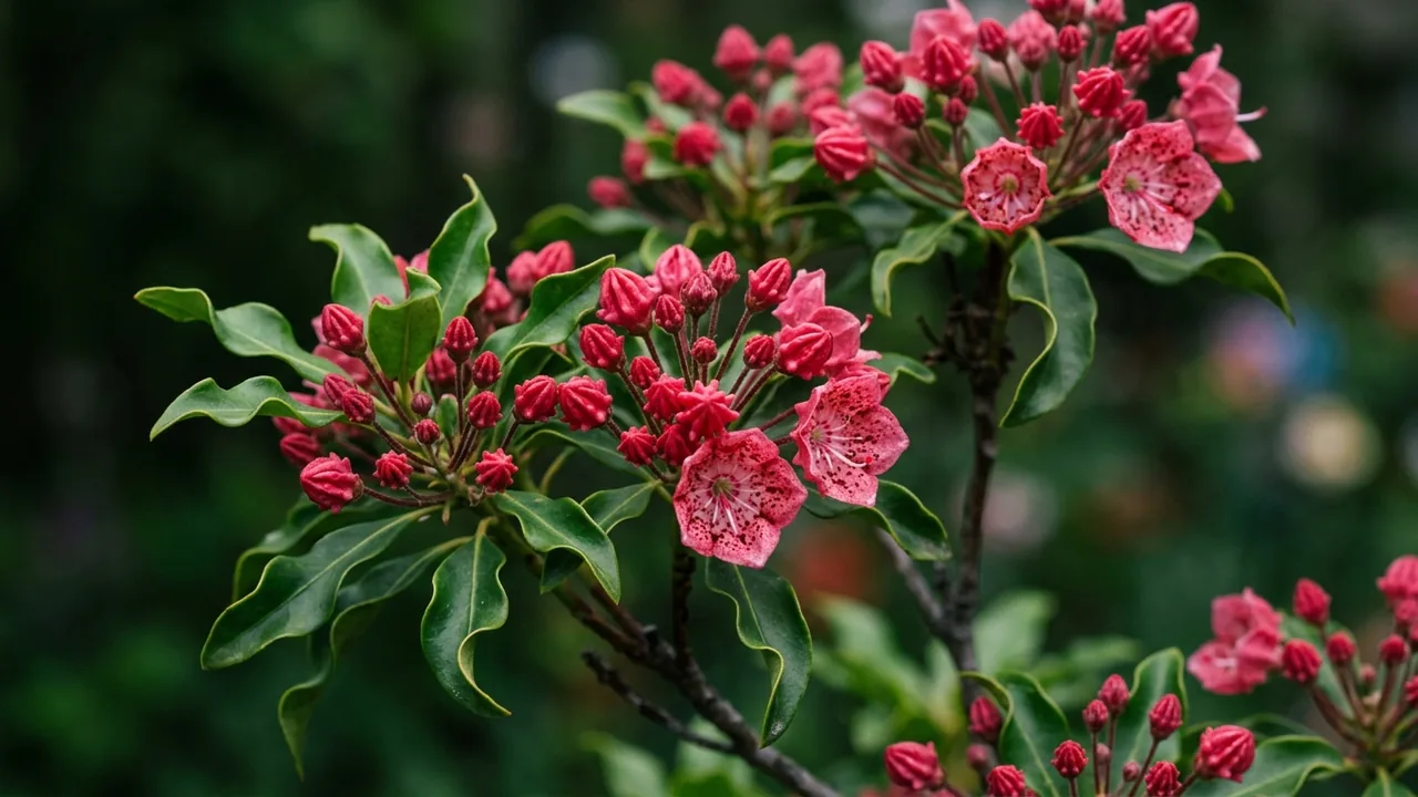 Sarah Mountain Laurel (Kalmia latifolia 'Sarah') - red flowers, illustrated plant card