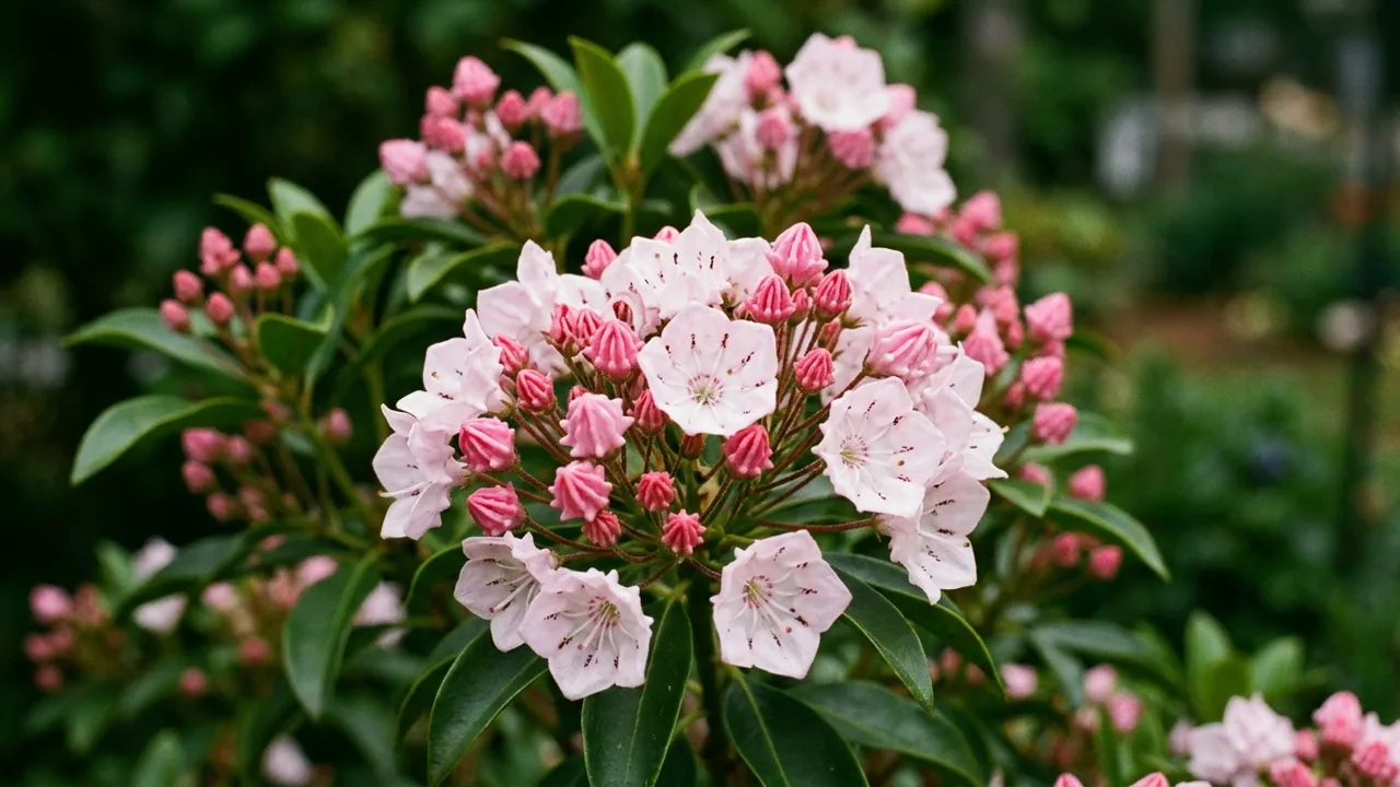 Mountain Laurel (Kalmia latifolia) - pink flowers, illustrated plant card