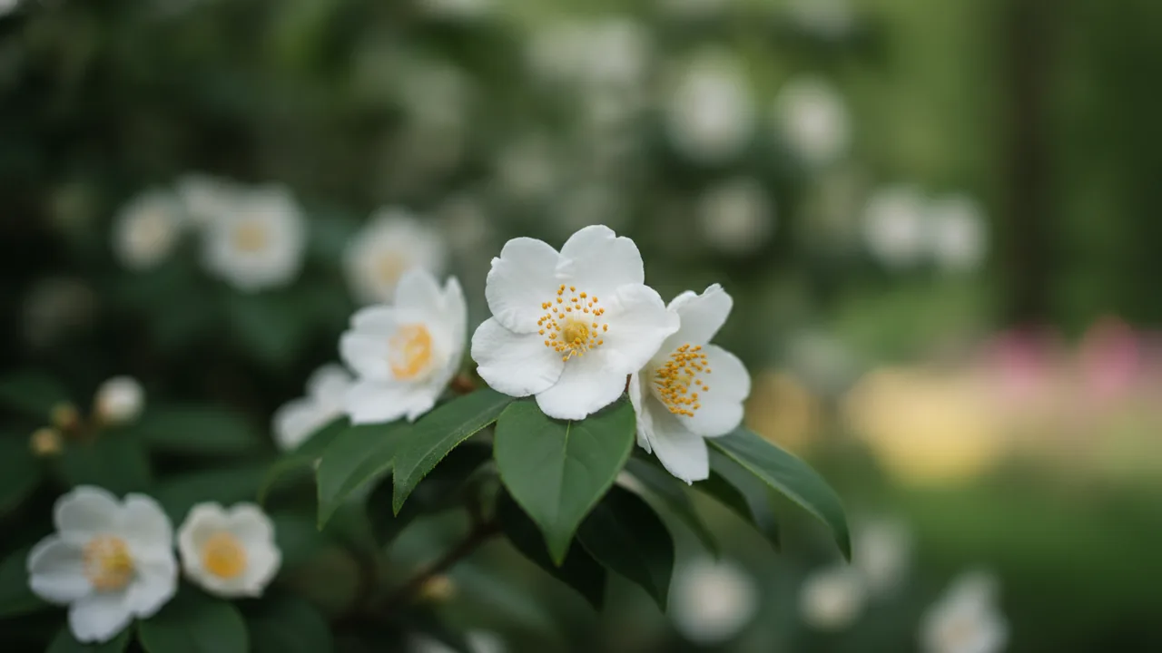 Mountain Stewartia (Stewartia ovata) - white flowers, illustrated plant card