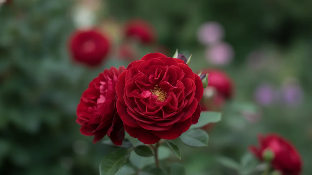 Munstead Wood (Rosa 'Ausbernard') - red flowers, illustrated plant card