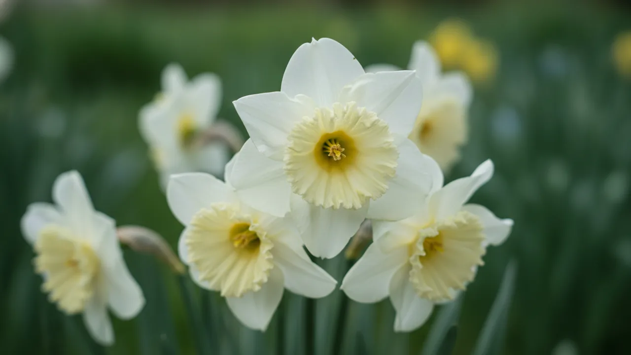 Ice Follies (Narcissus 'Ice Follies') - white flowers, illustrated plant card
