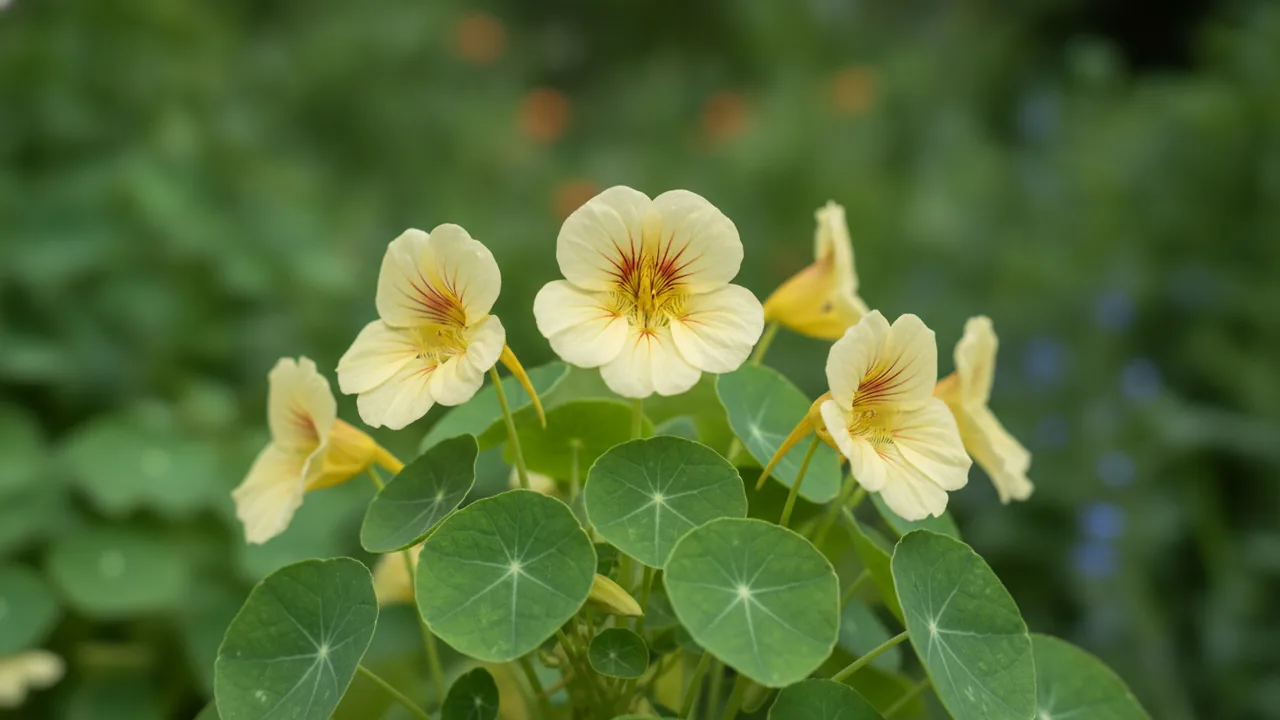 Cream Nasturtium (Tropaeolum majus 'Milkmaid') - yellow flowers, illustrated plant card