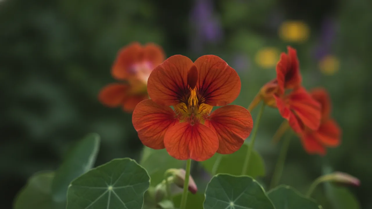 Mahogany Nasturtium (Tropaeolum majus 'Mahogany') - red flowers, illustrated plant card