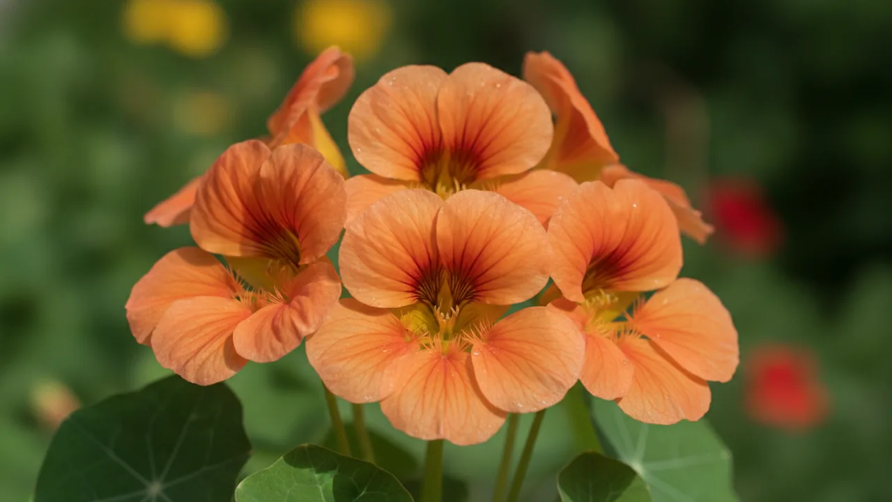 Salmon Nasturtium (Tropaeolum majus) - orange flowers, illustrated plant card