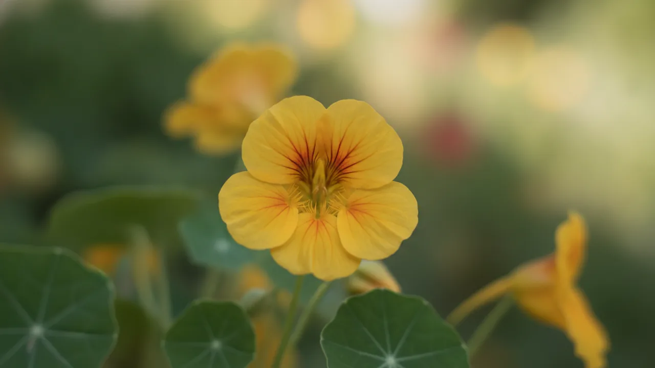Yellow Nasturtium (Tropaeolum majus) - yellow flowers, illustrated plant card