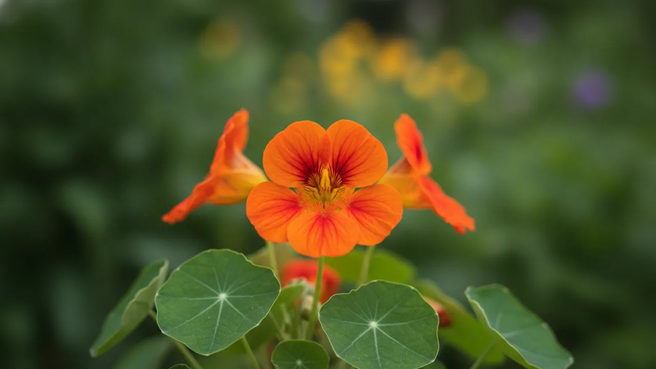 Nasturtium (Tropaeolum) - orange flowers, illustrated plant card