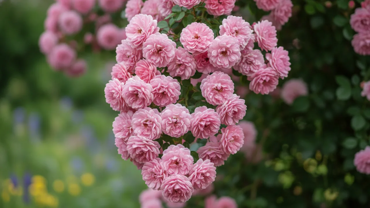 New Dawn (Rosa 'New Dawn') - pink flowers, illustrated plant card