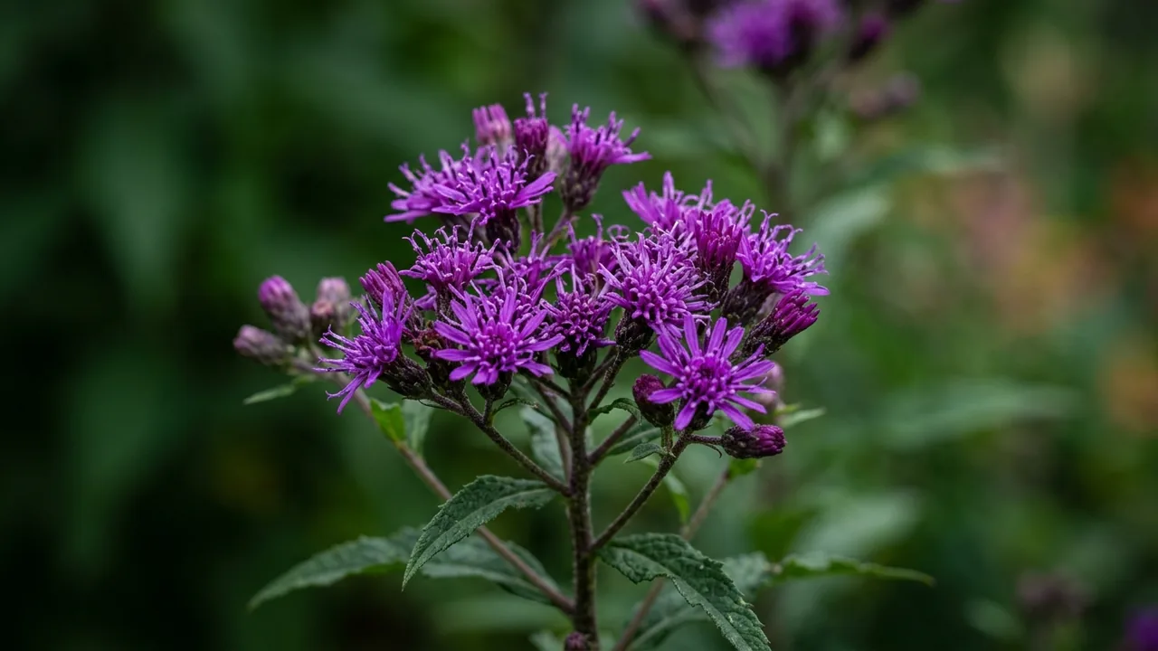New York Ironweed (Vernonia noveboracensis) - purple flowers, illustrated plant card