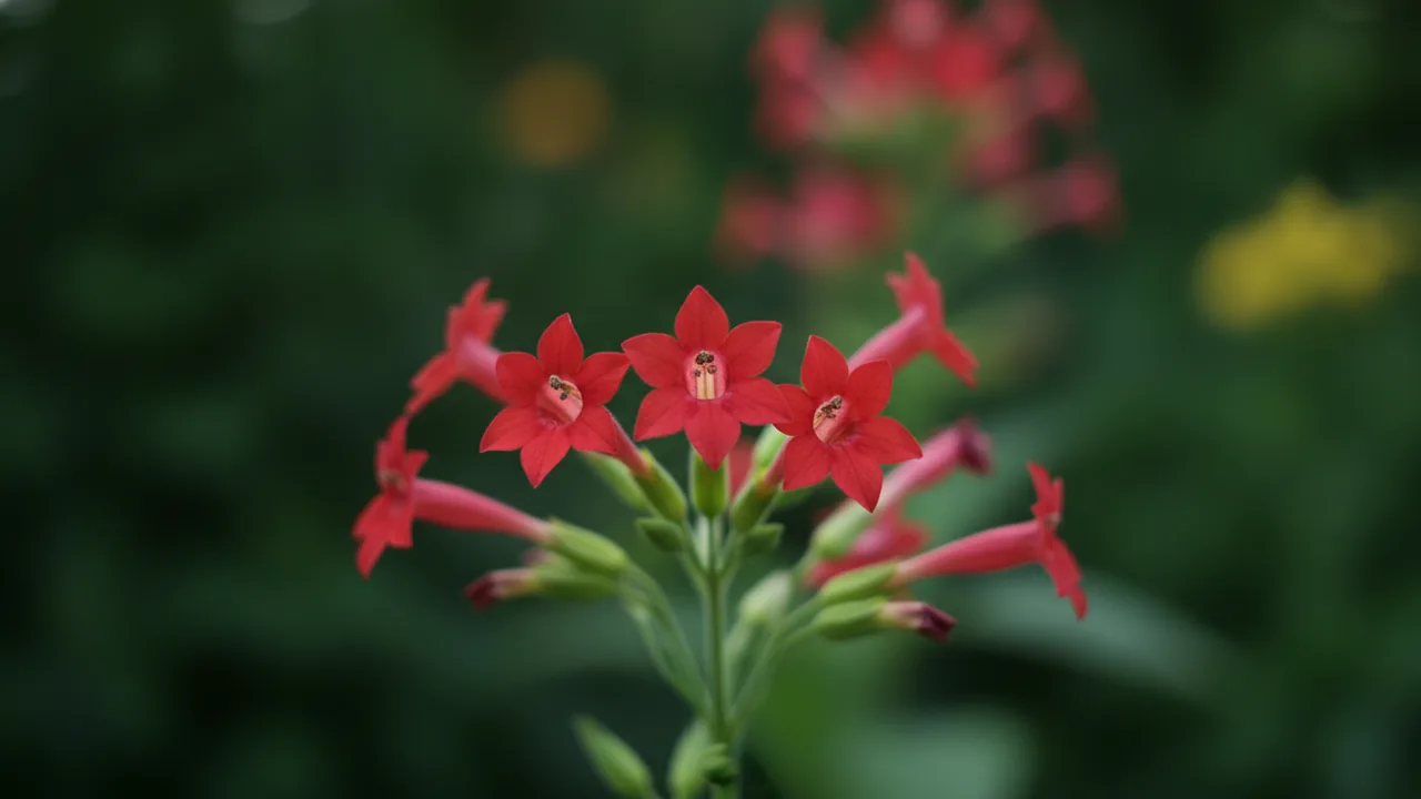 Crimson Bedder (Nicotiana alata 'Crimson Bedder') - red flowers, illustrated plant card