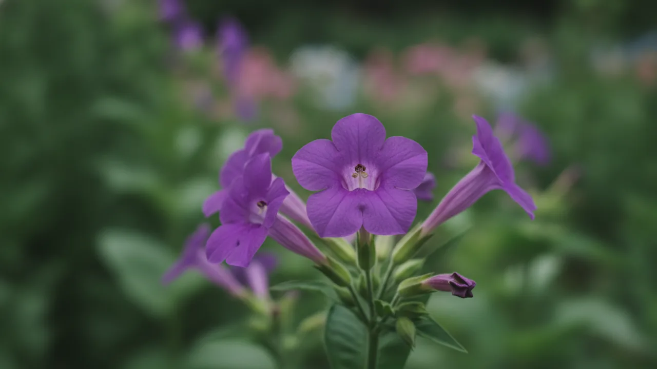 Purple Flowering Tobacco (Nicotiana alata) - purple flowers, illustrated plant card