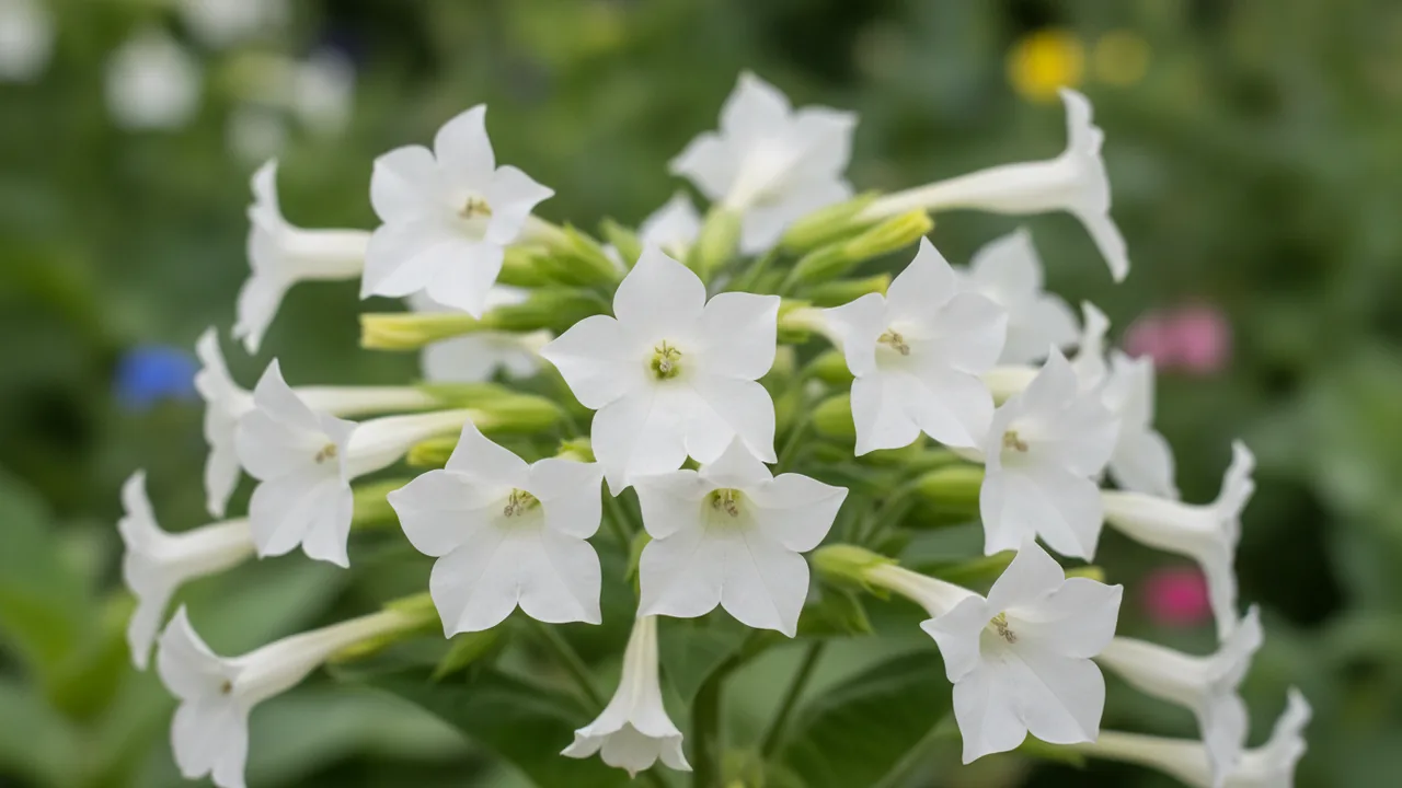 Flowering Tobacco (Nicotiana) - white flowers, illustrated plant card