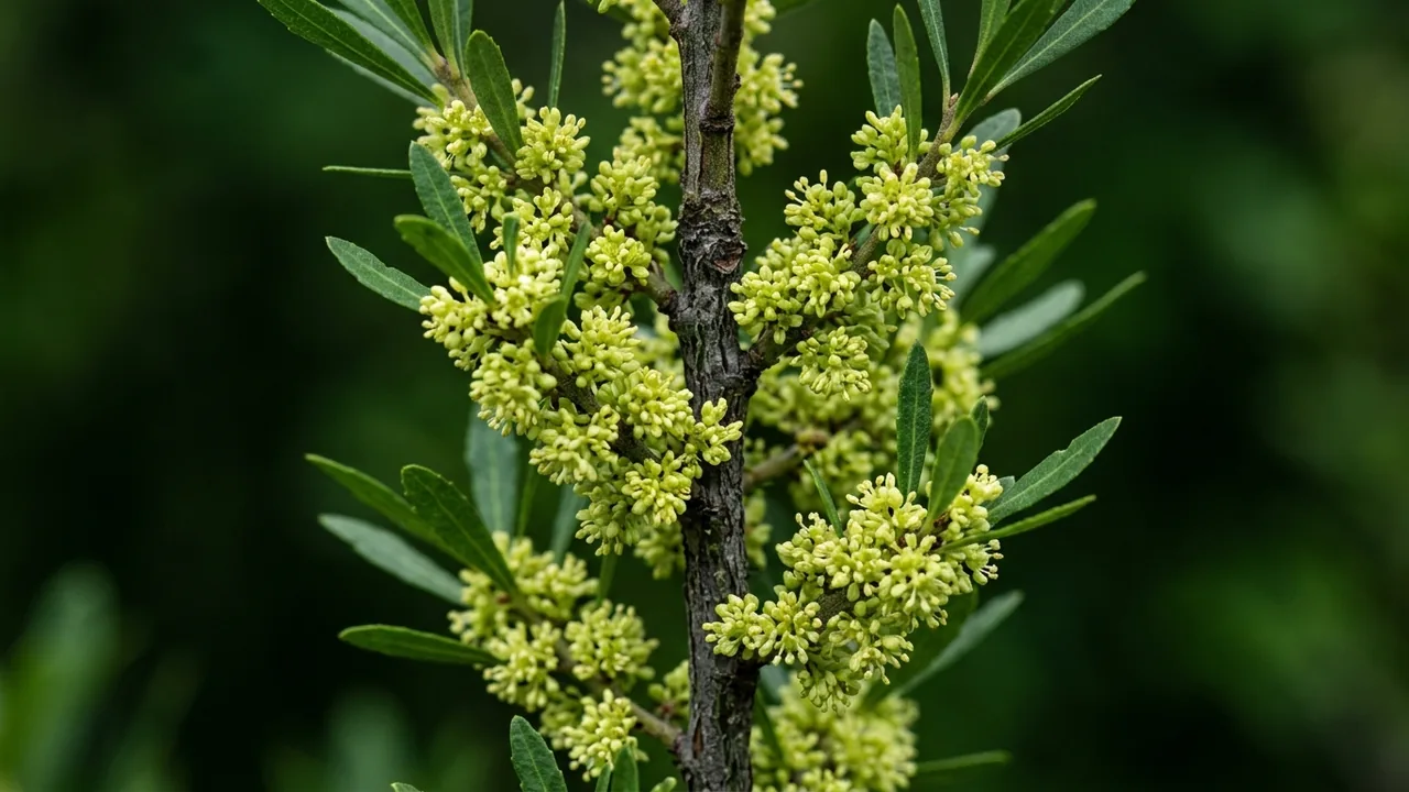 Northern Bayberry (Myrica pensylvanica) - foliage plant, illustrated plant card