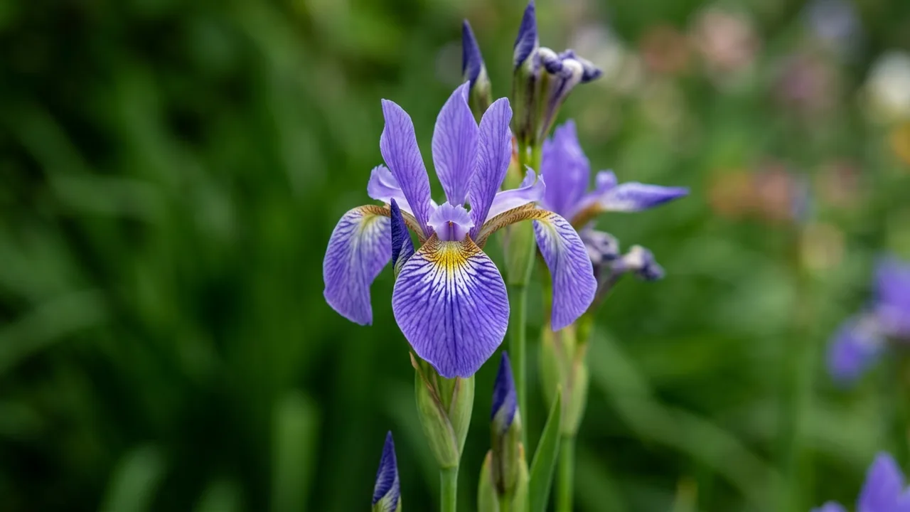Northern Blue Flag Iris (Iris versicolor) - blue flowers, illustrated plant card