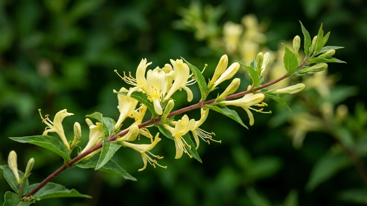 Northern Bush Honeysuckle (Diervilla lonicera) - yellow flowers, illustrated plant card
