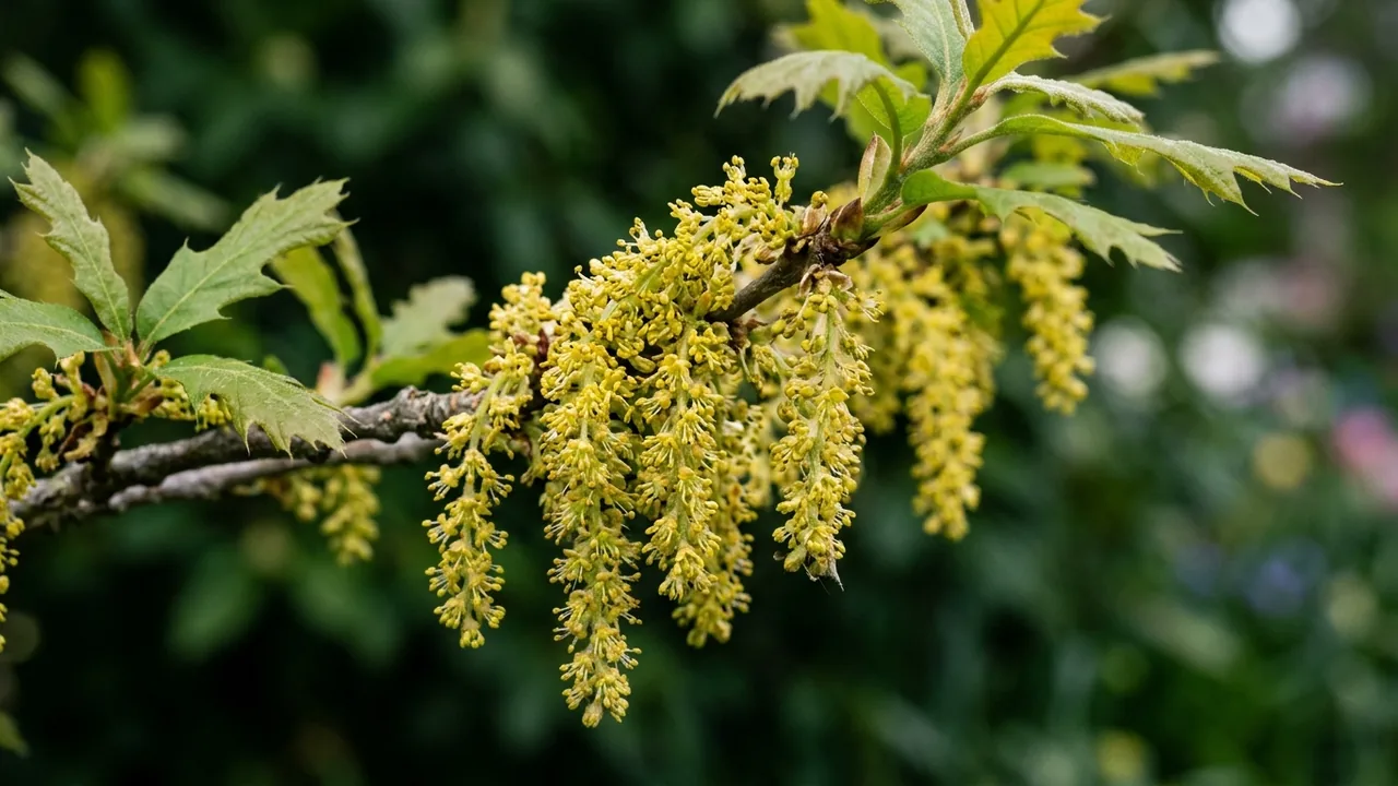 Northern Red Oak (Quercus rubra) - yellow flowers, illustrated plant card