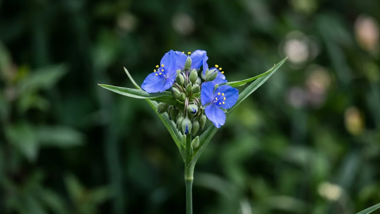 Ohio Spiderwort (Tradescantia ohiensis) - blue flowers, illustrated plant card