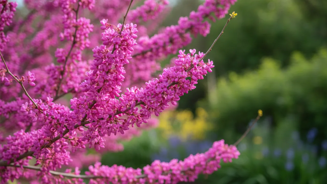 Oklahoma Redbud (Cercis canadensis var. texensis 'Oklahoma') - purple flowers, illustrated plant card