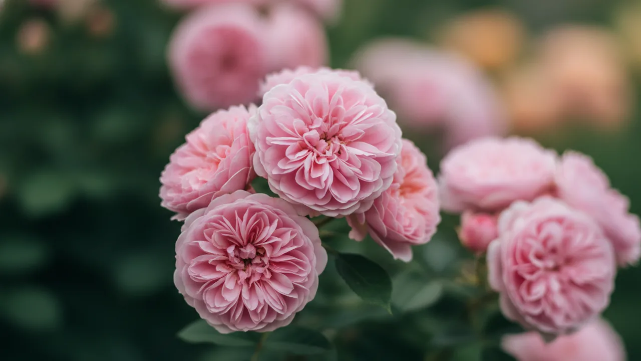 Olivia Rose Austin (Rosa 'Ausmixture') - pink flowers, illustrated plant card