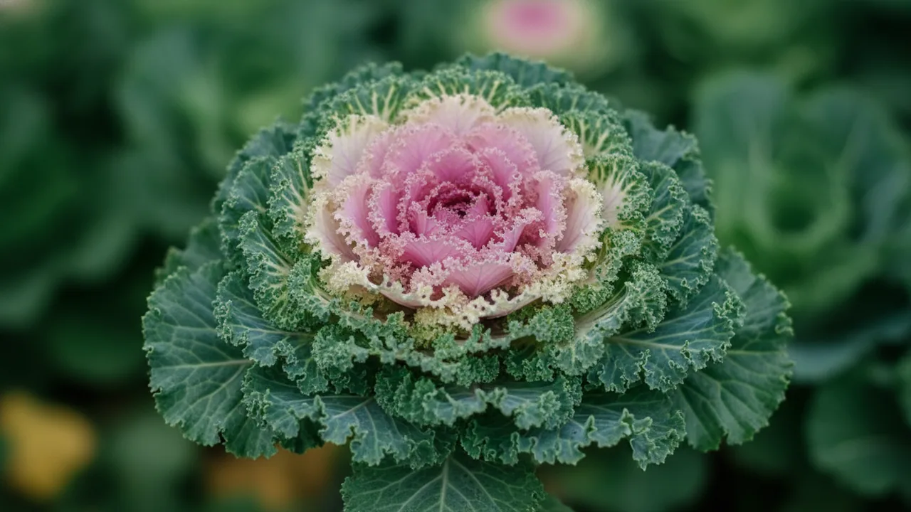 Pink Ornamental Kale (Brassica oleracea) - foliage plant, illustrated plant card