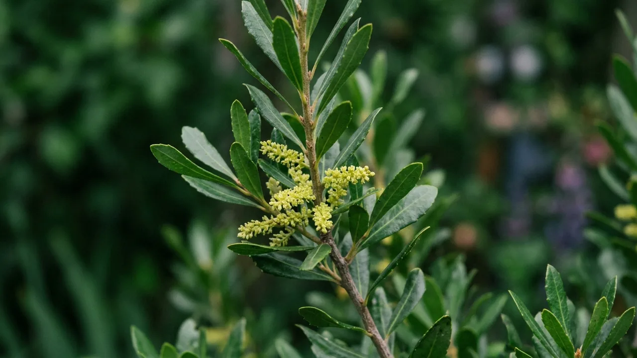 Pacific Wax Myrtle (Myrica californica) - foliage plant, illustrated plant card