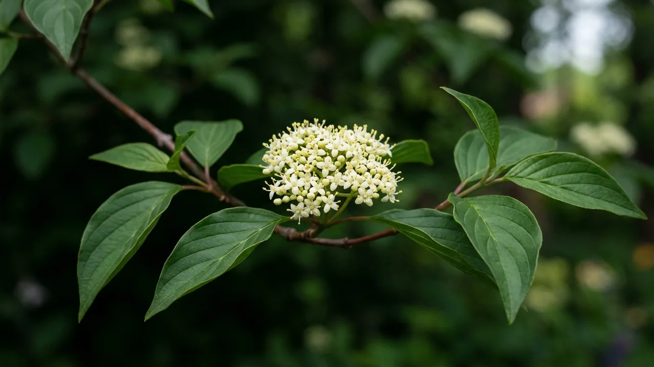 Pagoda Dogwood (Cornus alternifolia) - white flowers, illustrated plant card