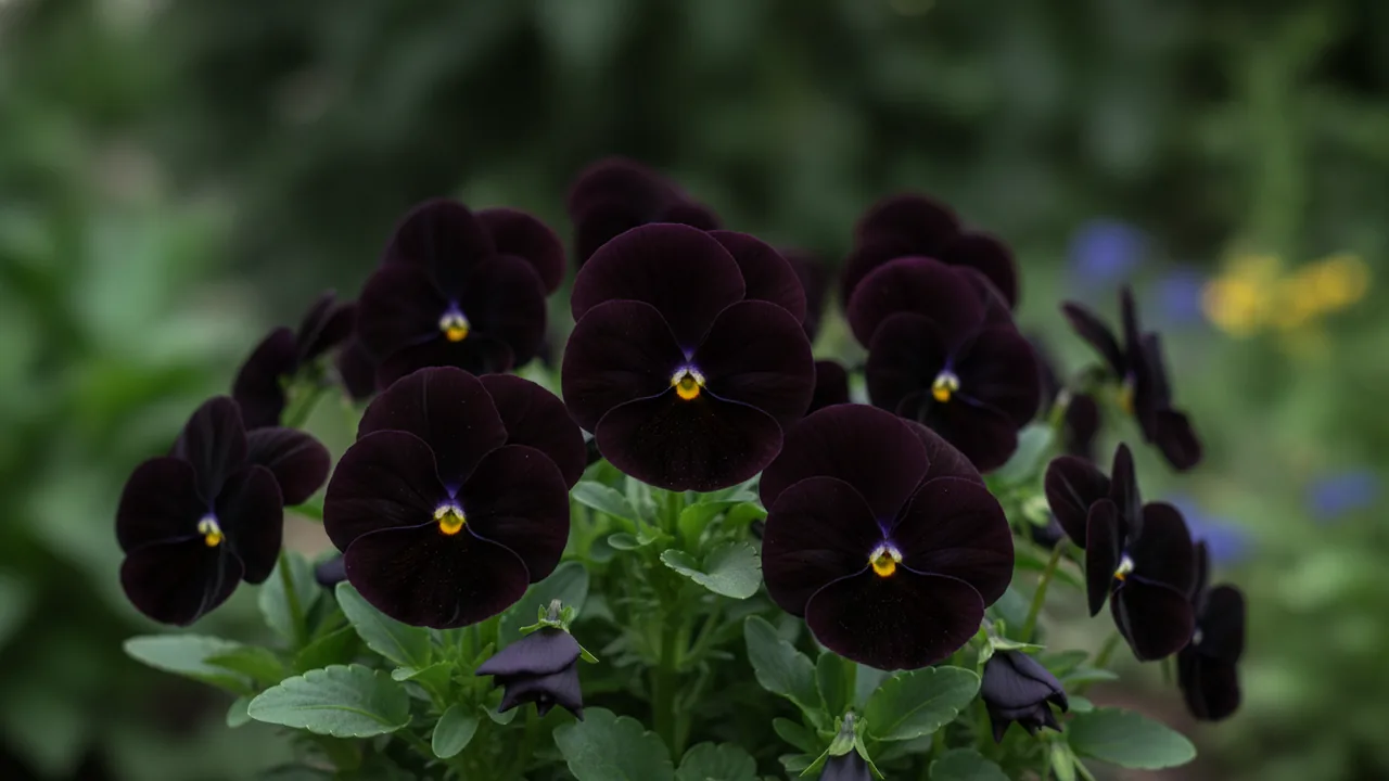 Black Pansy (Viola wittrockiana 'Clear Crystals Black') - purple flowers, illustrated plant card