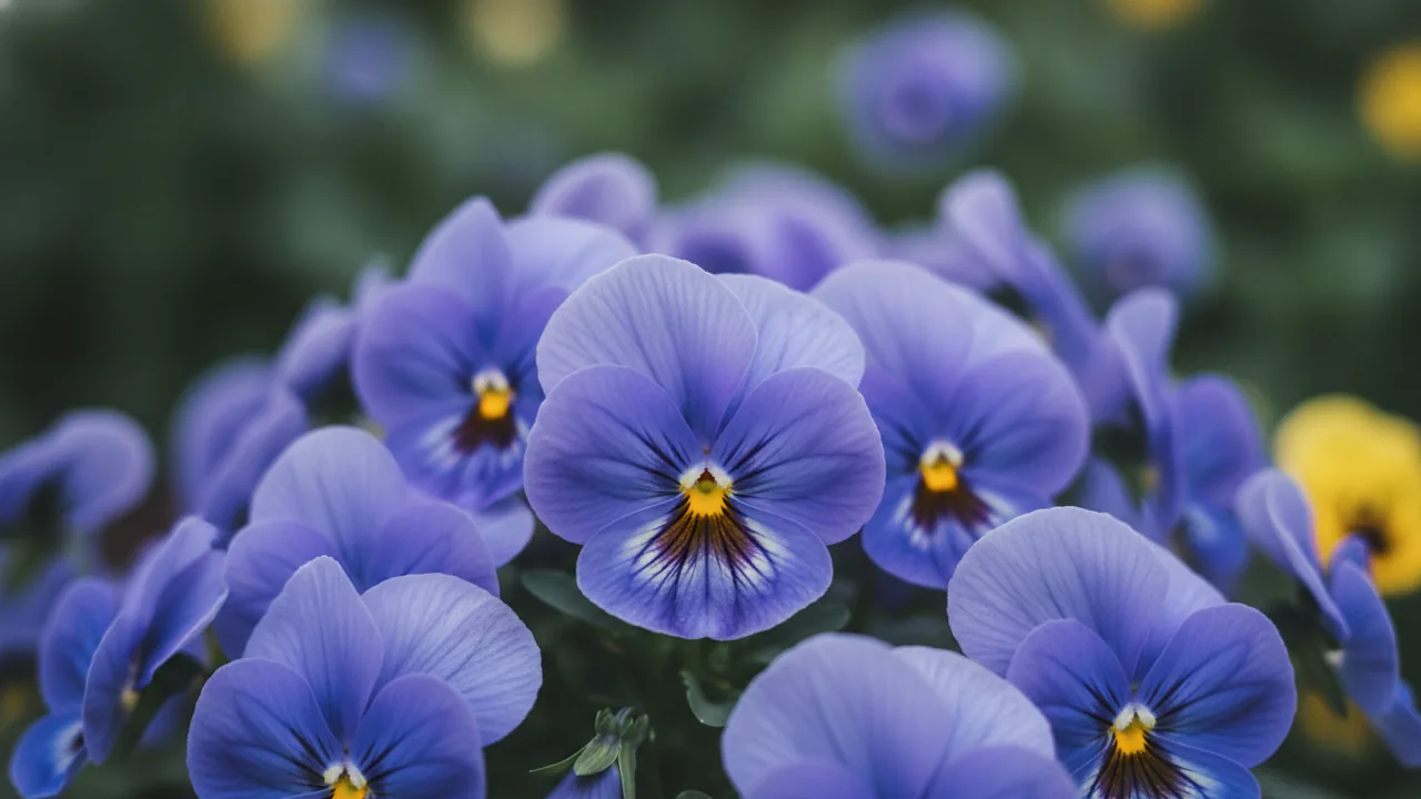 Blue Pansy (Viola wittrockiana 'Blue') - blue flowers, illustrated plant card
