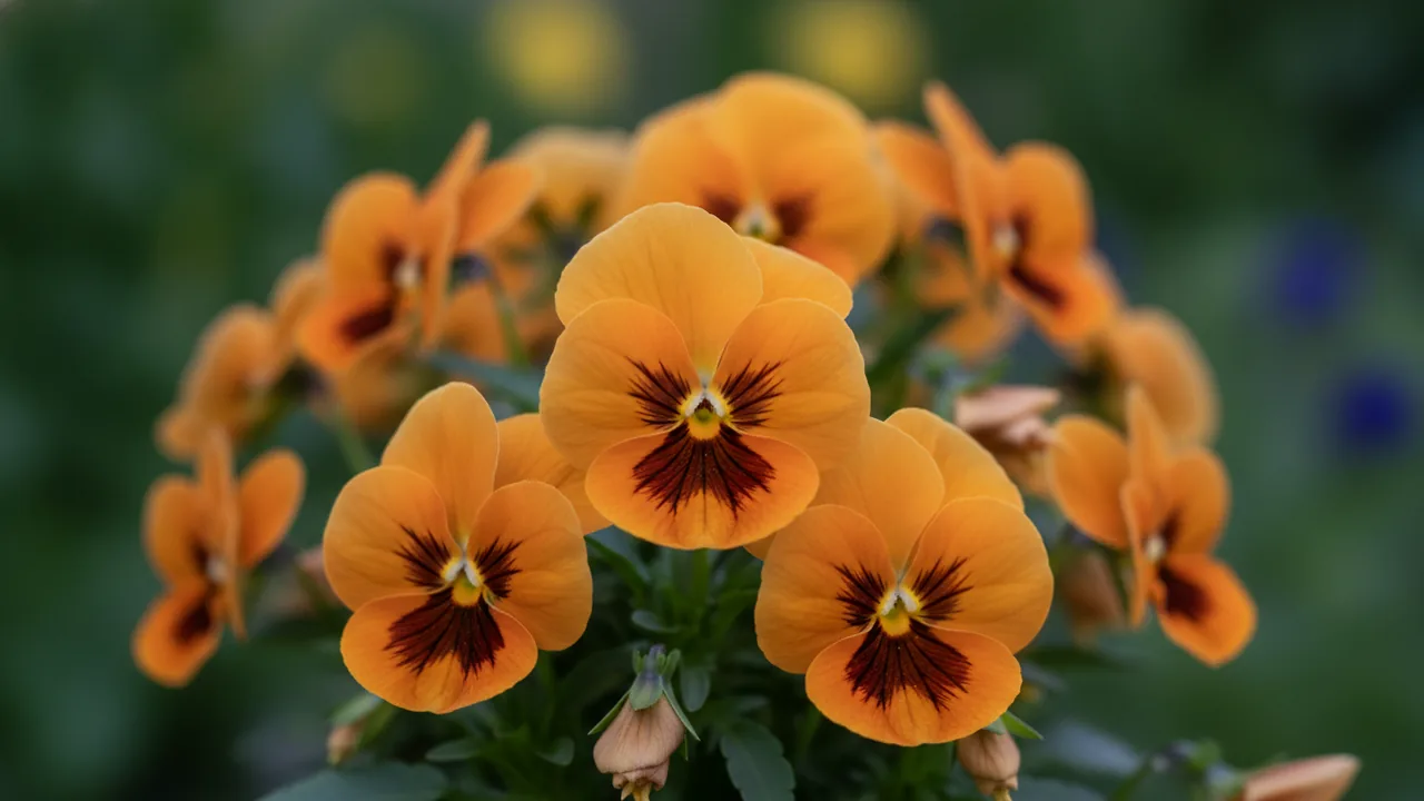 Orange Pansy (Viola wittrockiana 'Orange') - orange flowers, illustrated plant card