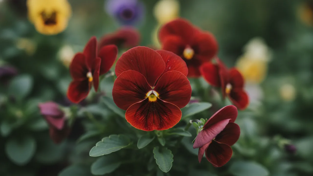 Red Pansy (Viola wittrockiana 'Red') - red flowers, illustrated plant card
