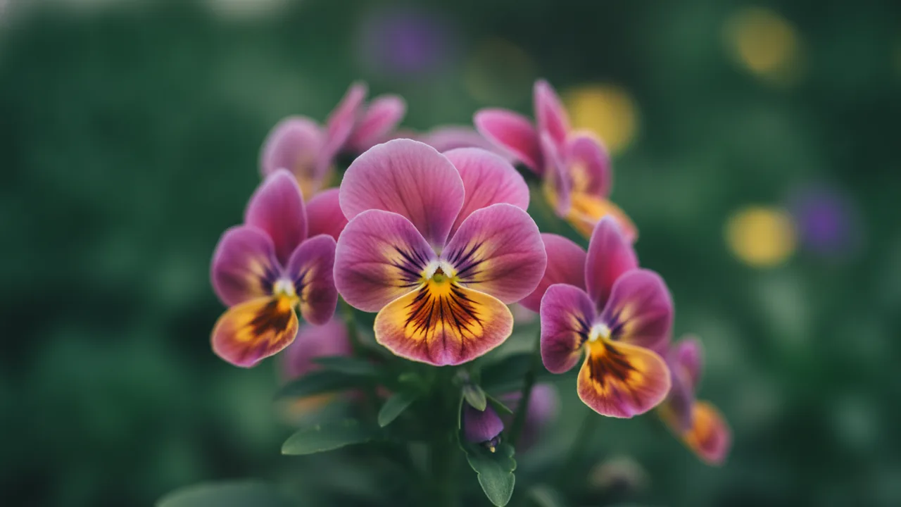 Rose Pansy (Viola wittrockiana 'Rose') - pink flowers, illustrated plant card