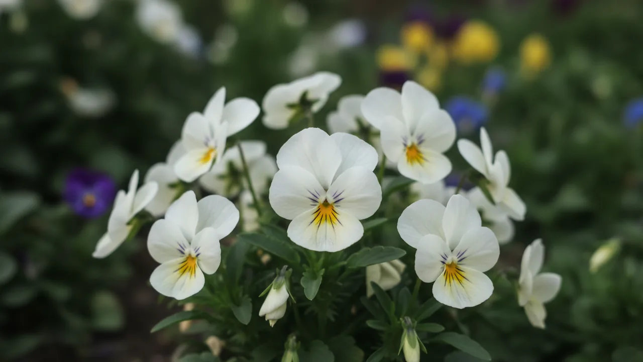 White Pansy (Viola wittrockiana 'White') - white flowers, illustrated plant card