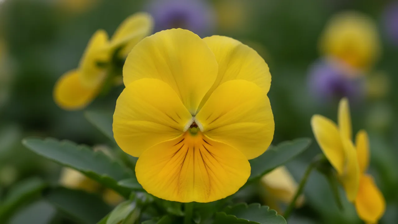 Yellow Pansy (Viola wittrockiana 'Yellow') - yellow flowers, illustrated plant card